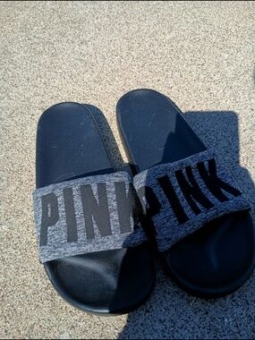PINK Victoria's Secret Black and Gray Slide Sandals